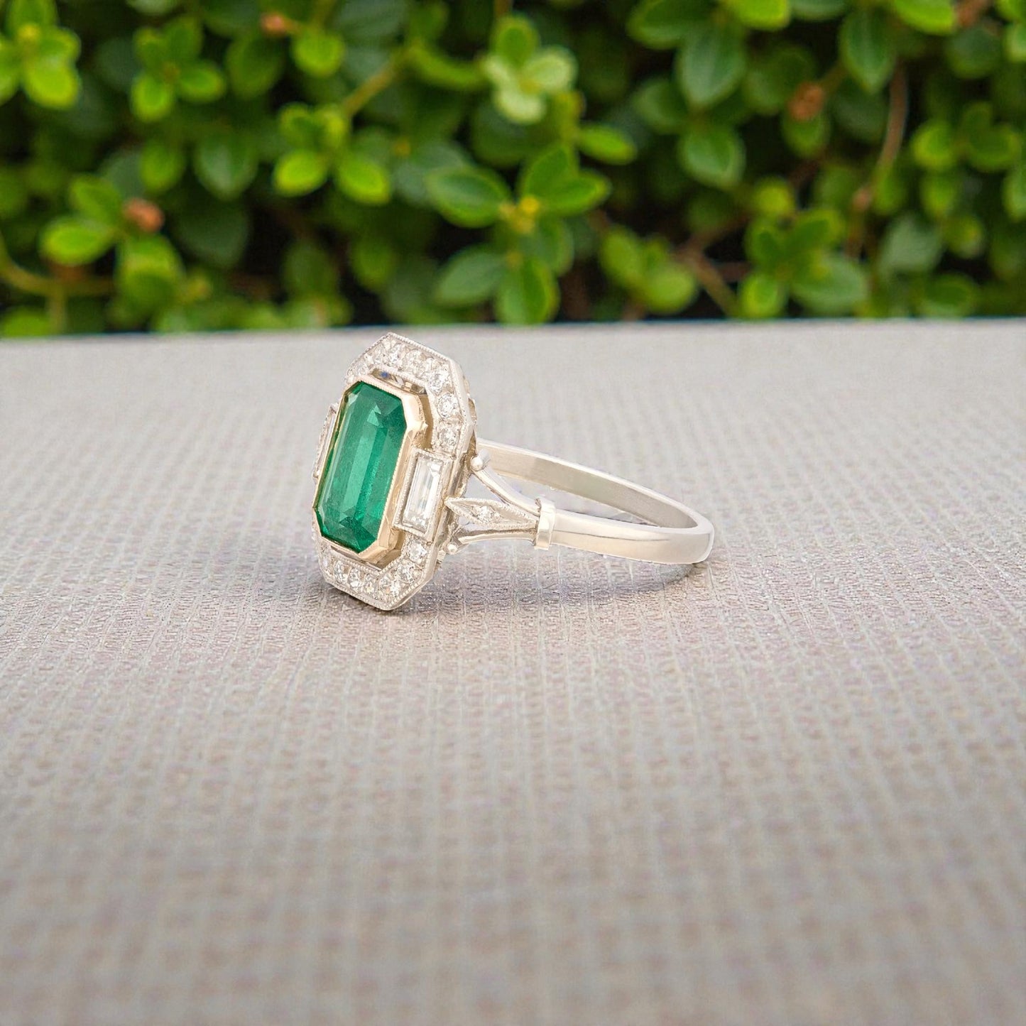 Emerald & Diamond Halo Ring in Platinum