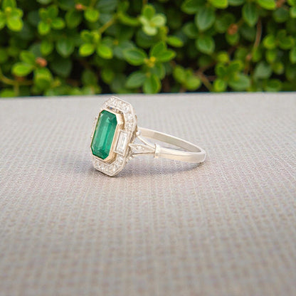 Emerald & Diamond Halo Ring in Platinum