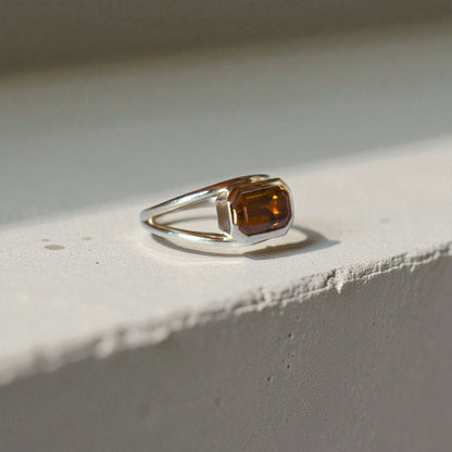 Ethically Mined Emerald Cut Orange Tourmaline Ring in 14k Yellow Gold