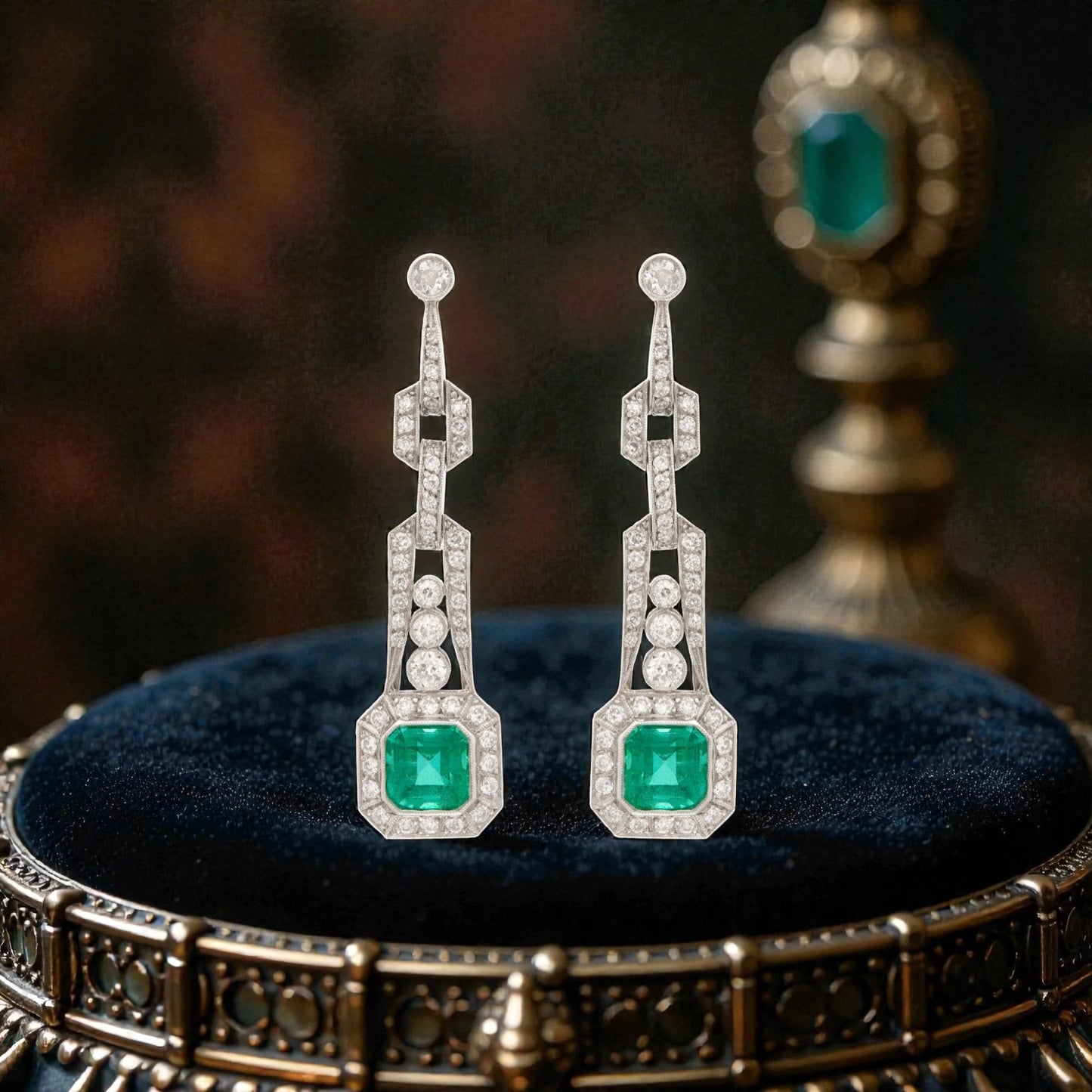 Platinum Art Deco-Style Emerald-Cut Emerald & Diamond Drop Earrings (3.65ct Emeralds, 2.30ct Diamonds)