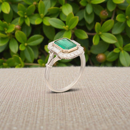 Emerald & Diamond Halo Ring in Platinum