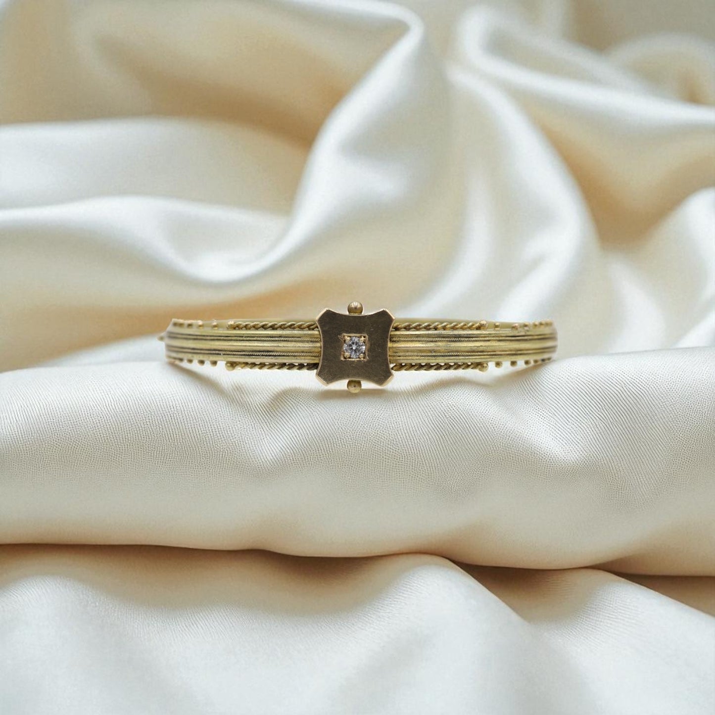 Victorian Etruscan Revival Bangle Bracelet in 15k Gold with Old Mine Cut Diamond, c.1850s - Petra Star