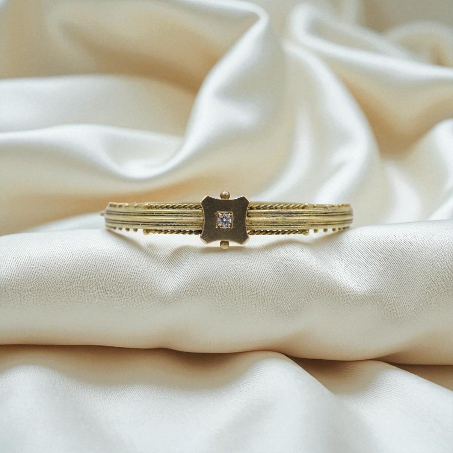 Victorian Etruscan Revival Bangle Bracelet in 15k Gold with Old Mine Cut Diamond, c.1850s - Petra Star