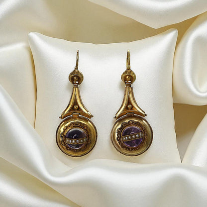 Antique Etruscan Revival Amethyst & Pearl Earrings in 14k Gold, c. 1870s - Petra Star