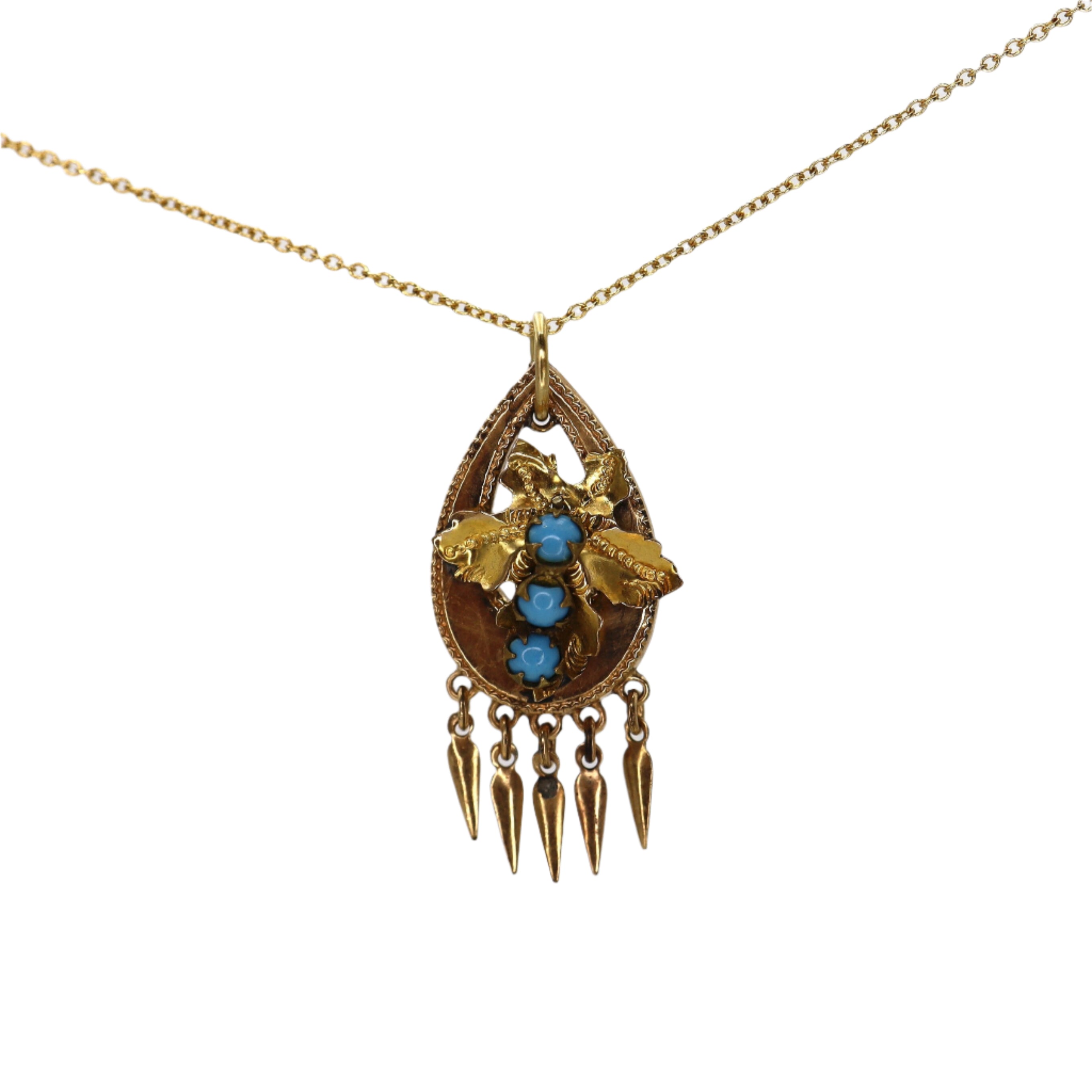 Gold-filled Etruscan Revival turquoise pendant with intricate detailing, showcasing vintage-inspired jewelry design.