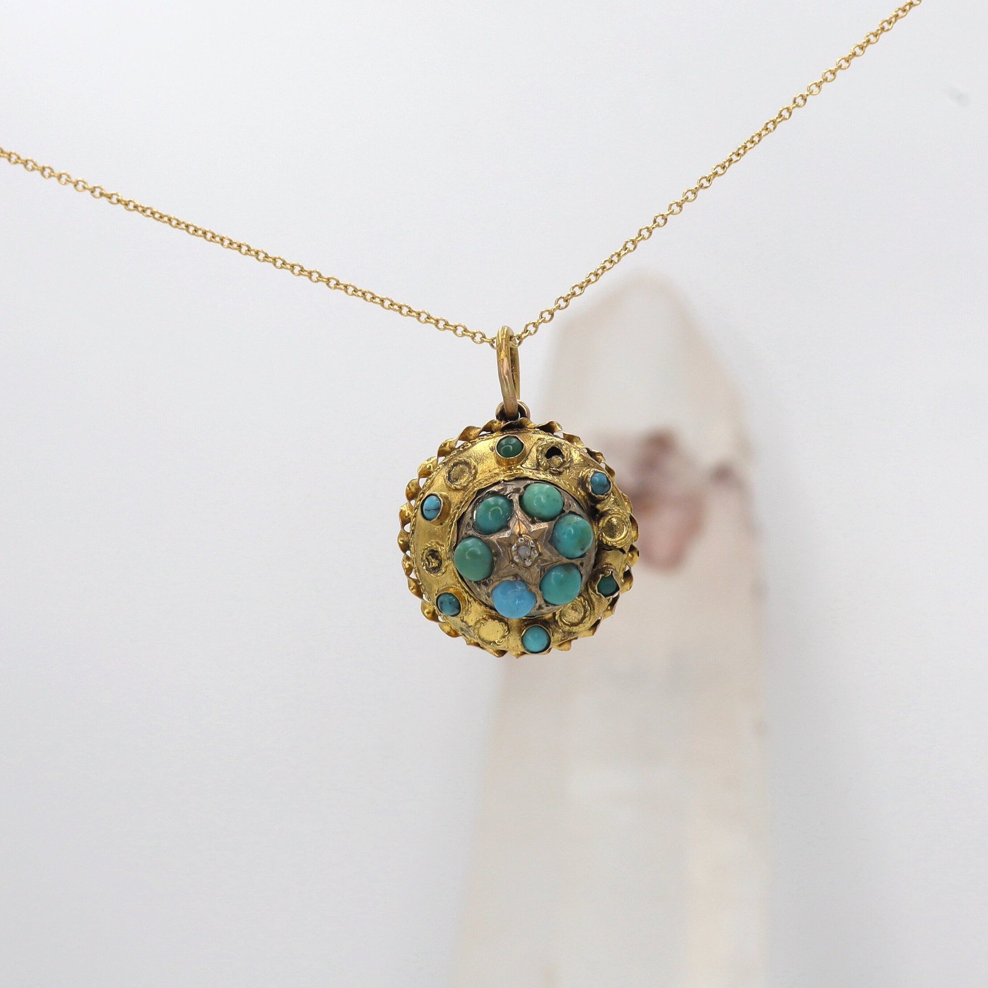 Etruscan Revival Turquoise and Diamond Pendant in 15k Yellow Gold - Petra Star