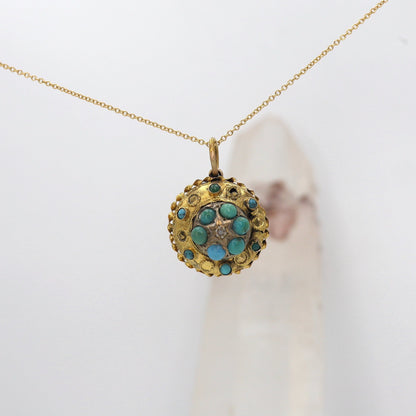 Etruscan Revival Turquoise and Diamond Pendant in 15k Yellow Gold - Petra Star