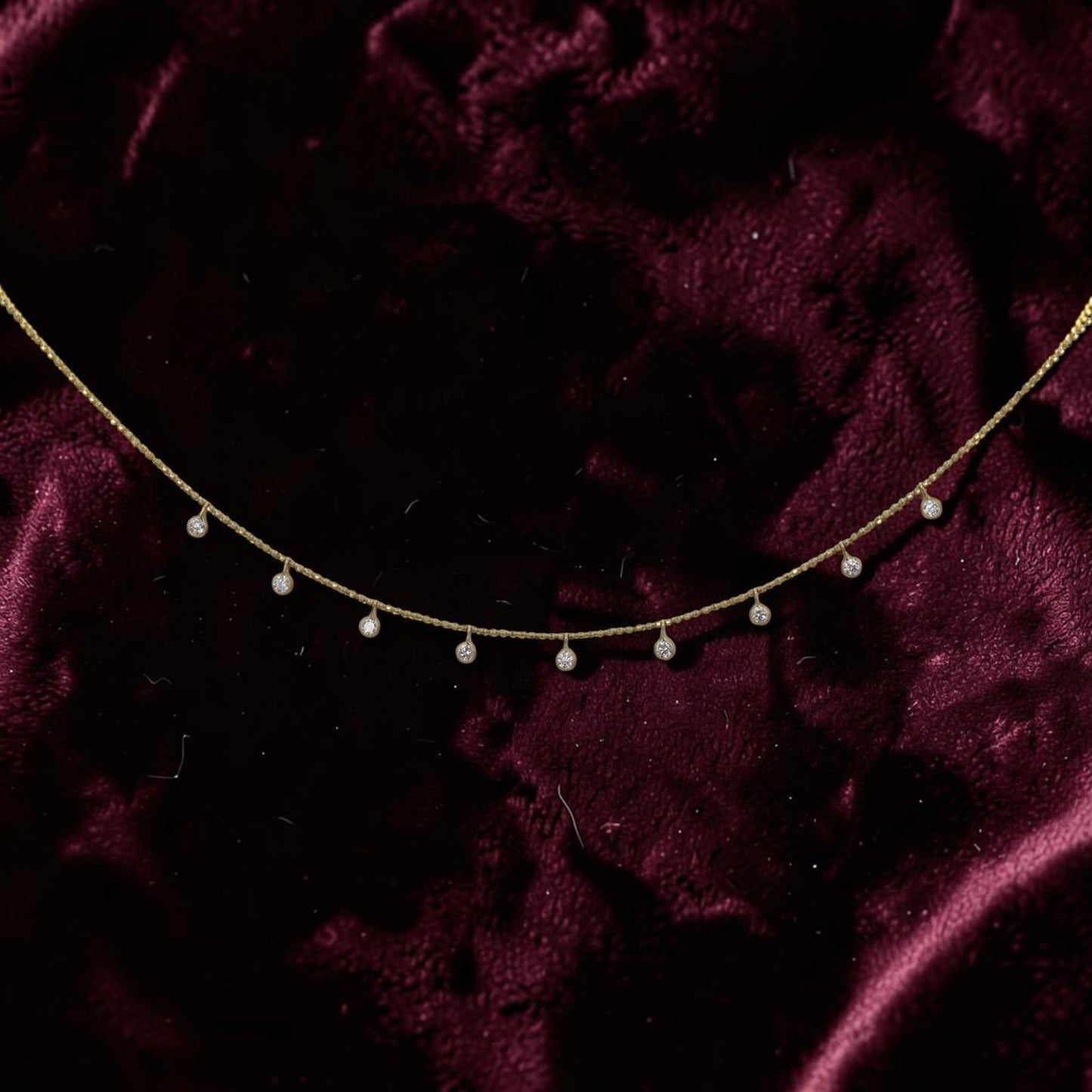 Bezel Set Diamond Drop Necklace | 14k Gold Diamond-Cut Bead Chain | 9 Diamond Station Necklace | Petra Star