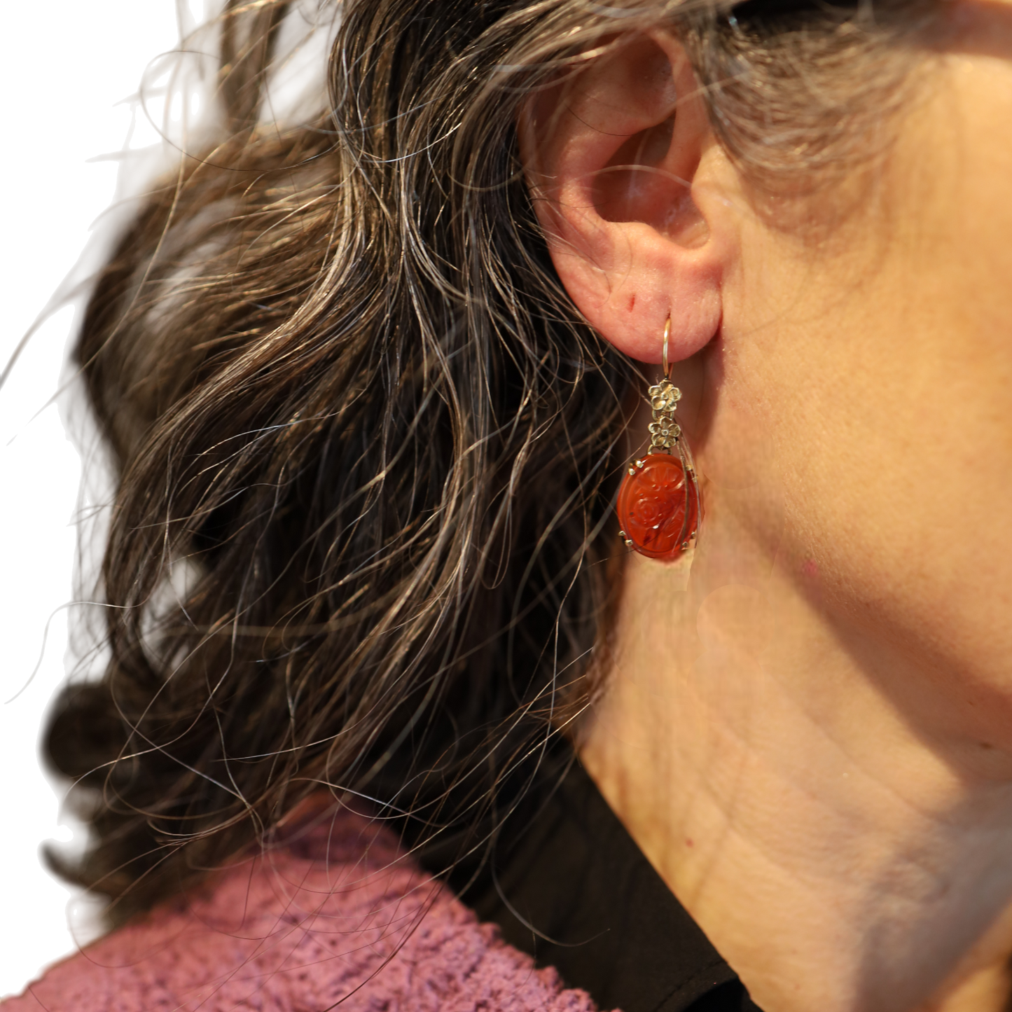 Art Nouveau Carved Carnelian Earrings 14k Yellow Gold - Petra Star