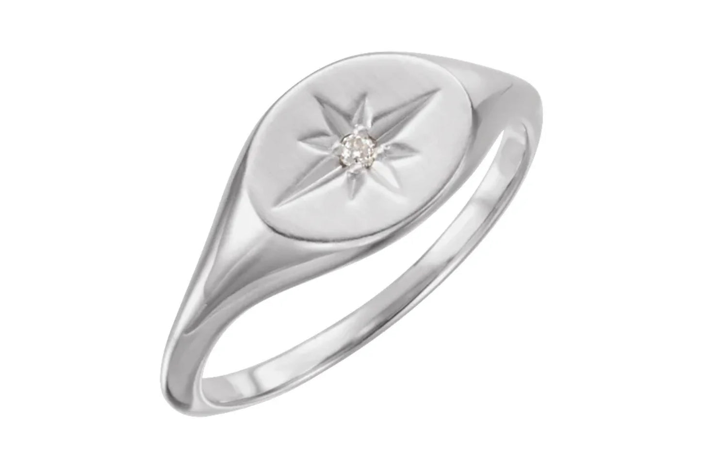 14k White Gold Star Signet Ring with Diamond