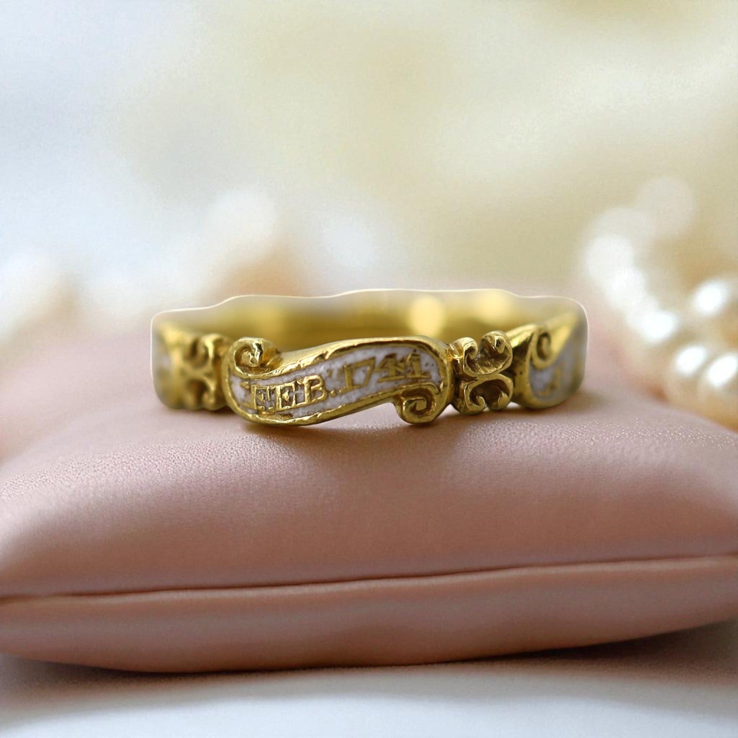 Georgian white-enamel mourning ring band from 1741 with memento mori design, vintage style, by The Vintage Vault.