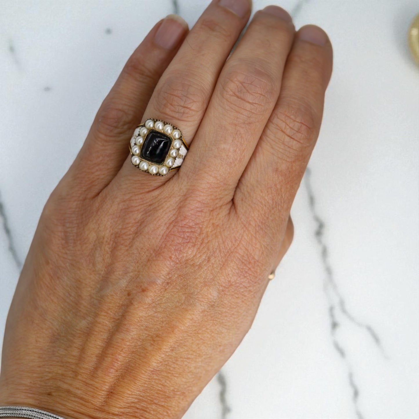 White Enamel Georgian Memento Mori Ring with Sugarloaf Garnet - Petra Star