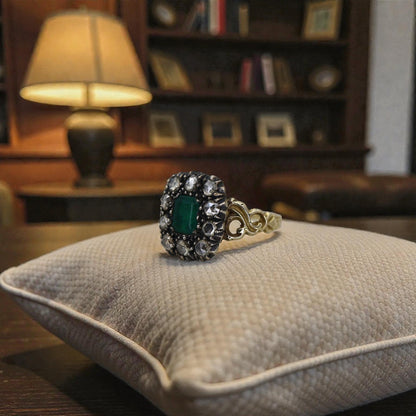 Georgian Emerald and Rose Cut Diamond Halo Ring, c.1820 | 14k Gold & Silver Closed Back