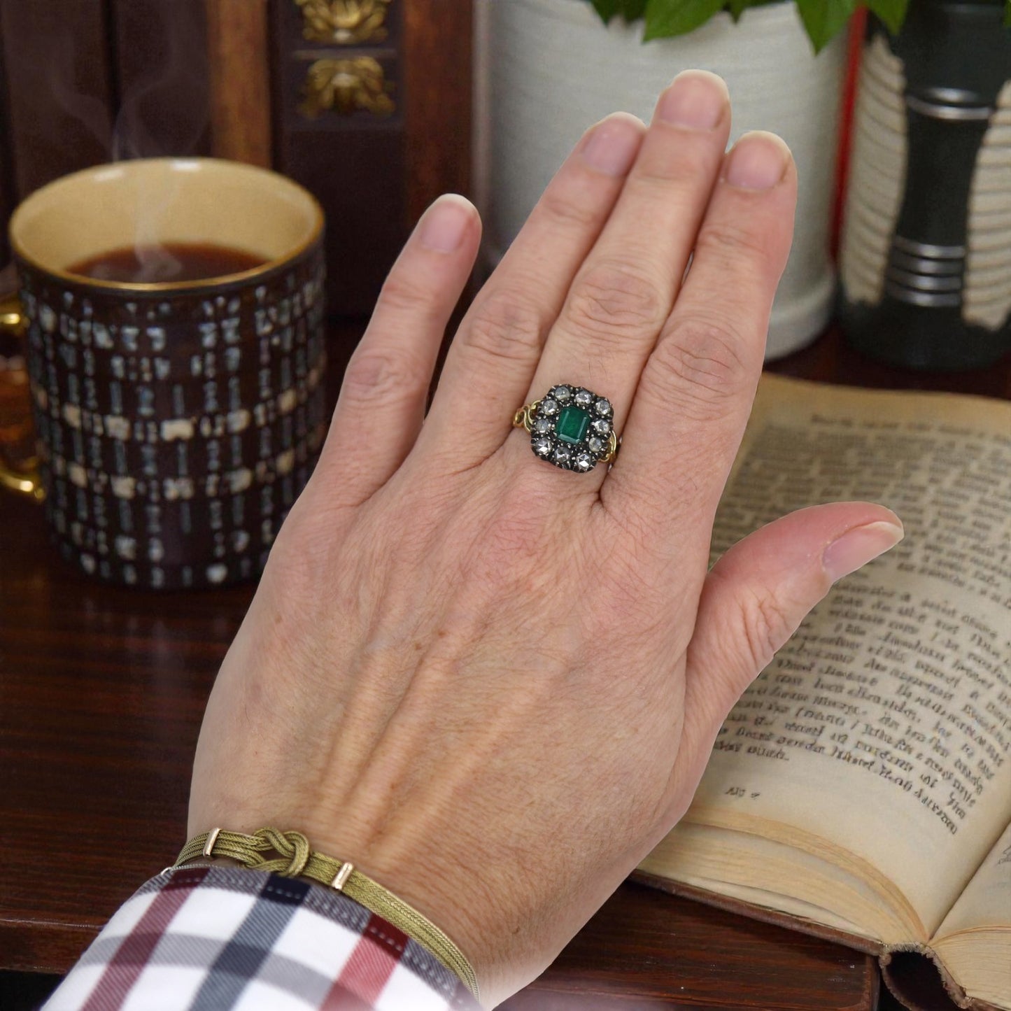 Georgian Emerald and Rose Cut Diamond Halo Ring, c.1820 | 14k Gold & Silver Closed Back