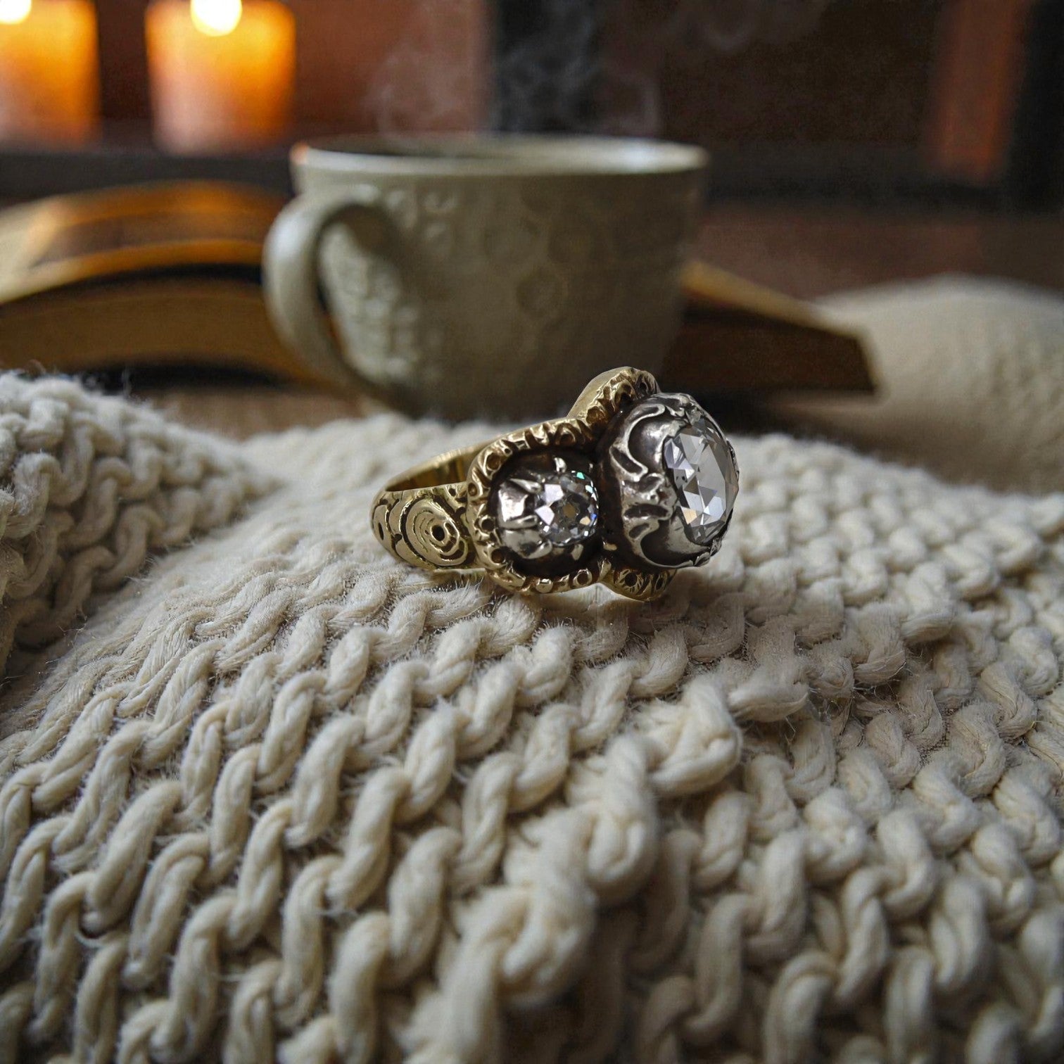 Georgian Rose-Cut Diamond Engagement Ring featuring three sparkling diamonds set in vintage gold style.
