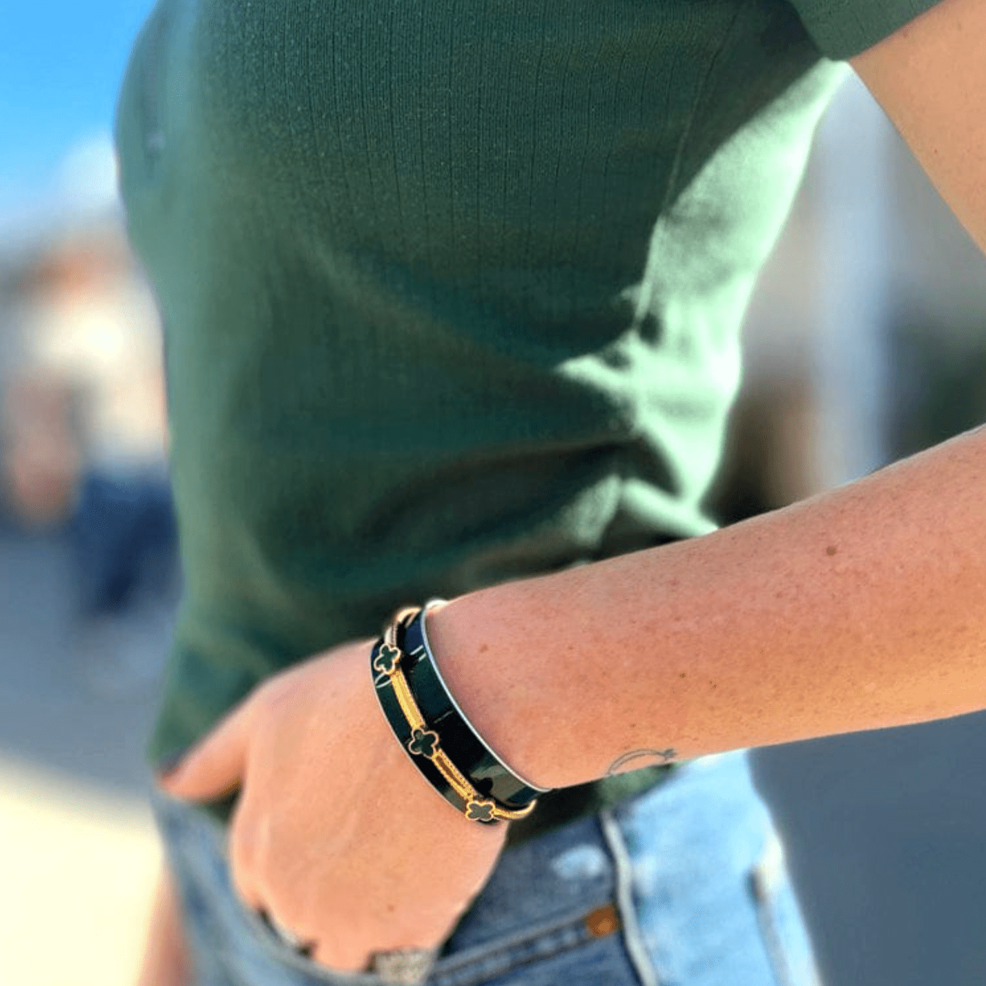 Green Clover cuff bracelet by CRASH Jewelry for Mercedes C300, featuring a stylish green clover design in a sleek bracelet style.