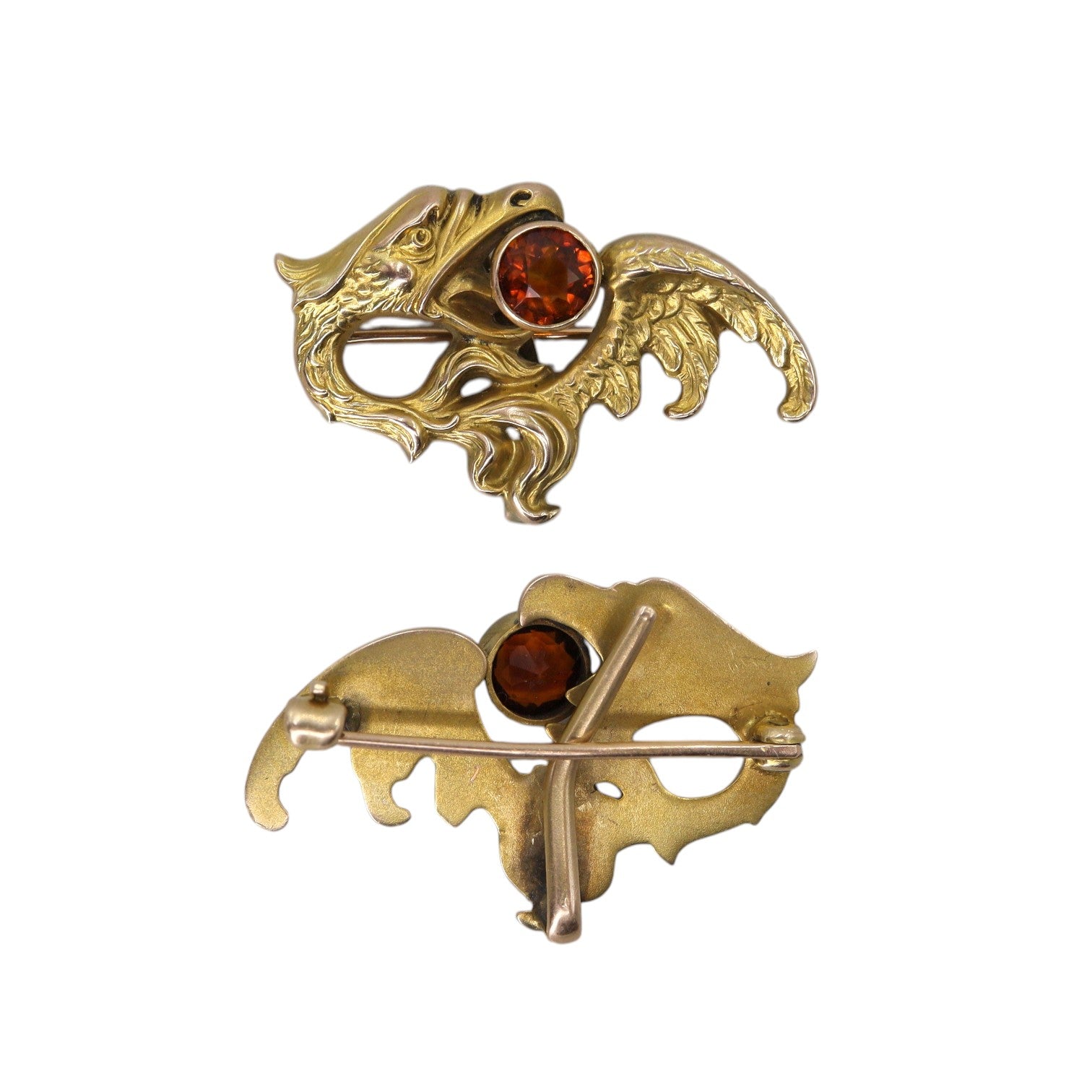 Art Nouveau Griffin ring in 10k gold with Madeira citrine, featuring a vintage griffin design, converted from a brooch.