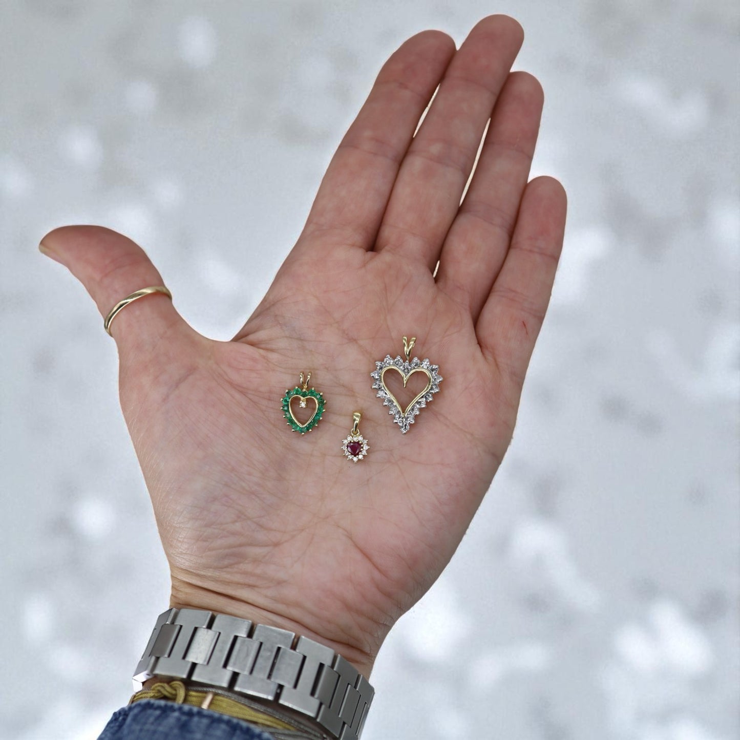 Vintage 14k Gold Heart Pendant Collection – Diamond, Emerald, and Ruby Hearts, Circa 1980–1990s - Petra Star