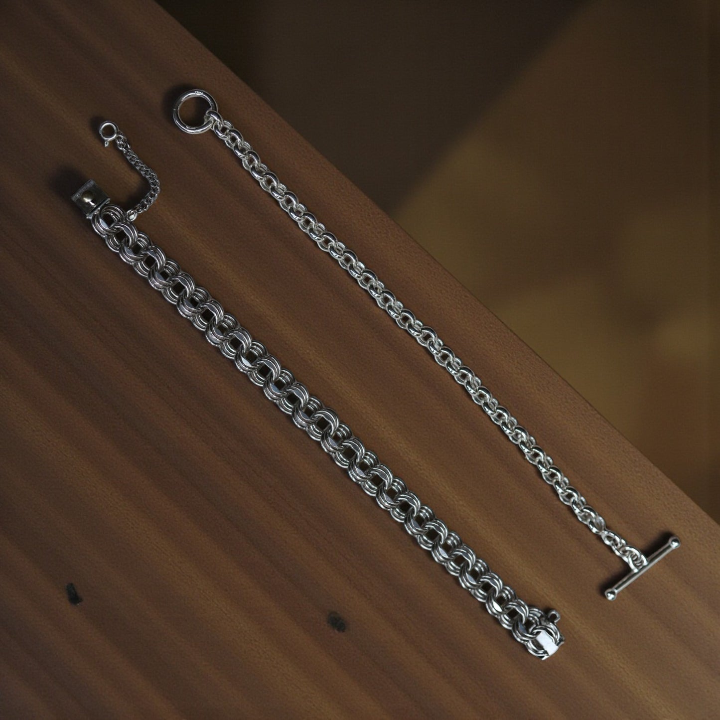 Estate Sterling Silver Triple Ring Link Charm Bracelet – Toggle Clasp with Safety Chain, 20.9g