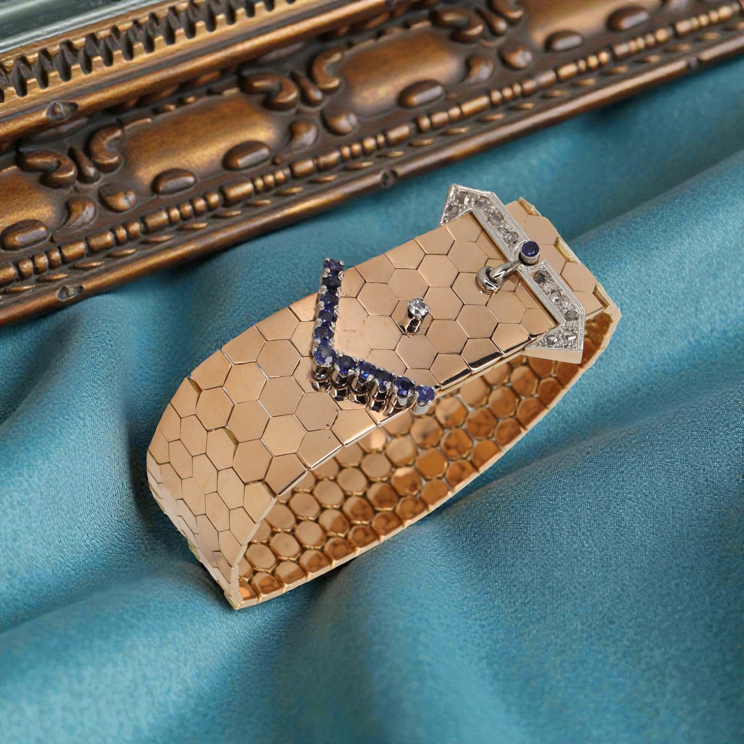 1940s Retro 18k Rose Gold Buckle Honeycomb Link Bracelet with Diamonds & Sapphires - Petra Star