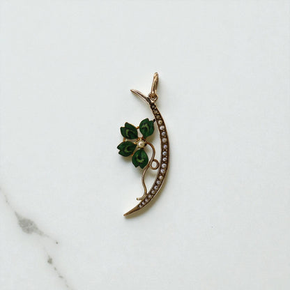 Antique Art Nouveau Four-Leaf Clover Crescent Moon Pendant — 14k Gold, Enamel & Pearls