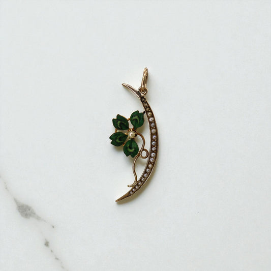 Antique Art Nouveau Four-Leaf Clover Honeymoon Brooch Pendant — 14k Gold, Enamel & Pearls