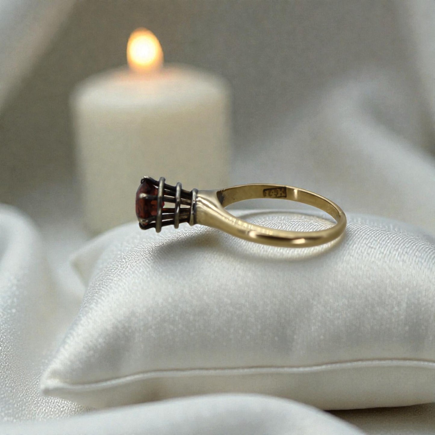Garnet Spiral Solitaire Ring in 14k Yellow Gold & Silver / Space Age Ring / World's Fair Ring