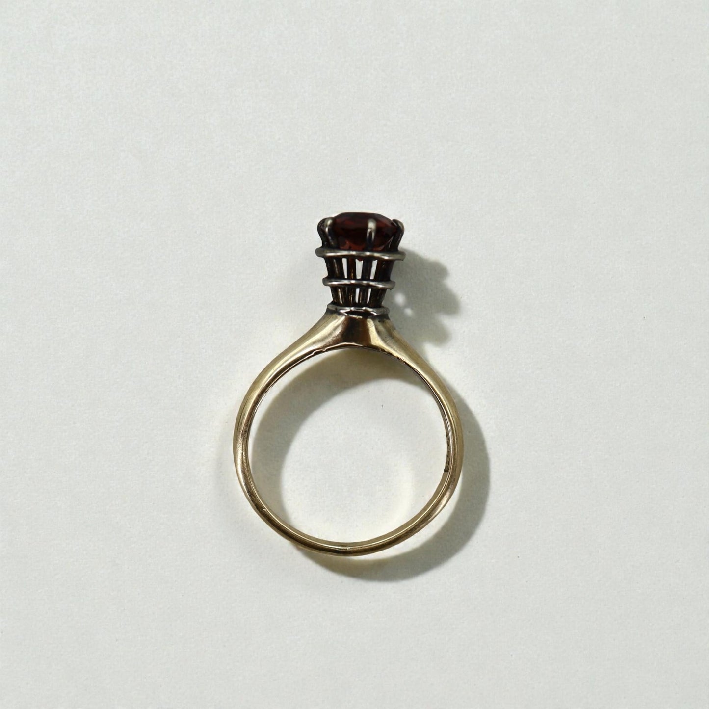 Garnet Spiral Solitaire Ring in 14k Yellow Gold & Silver / Space Age Ring / World's Fair Ring