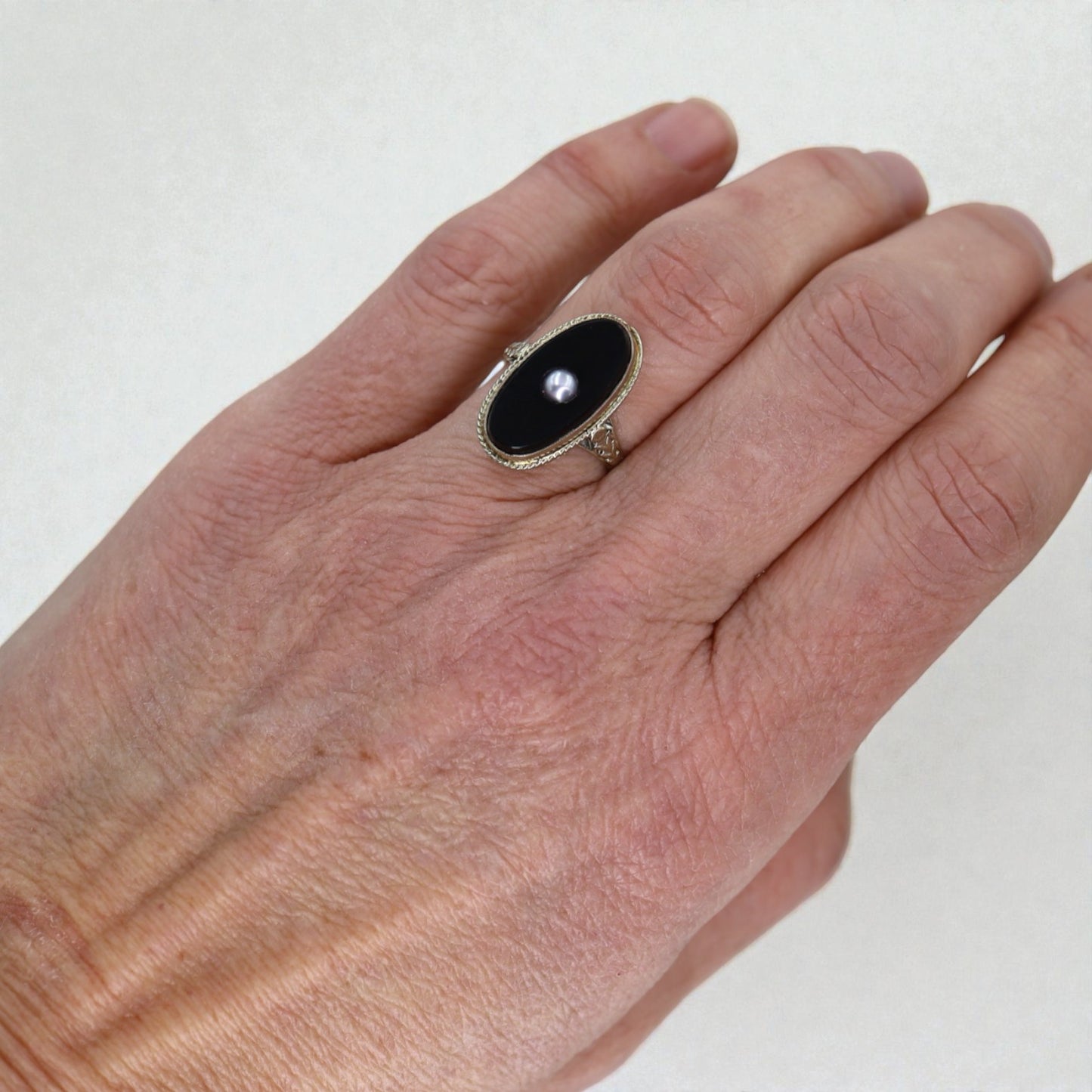 Art Deco Onyx and Pearl Ring in 14k White Gold