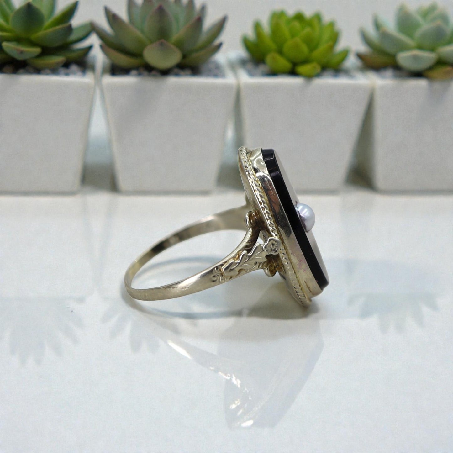 Art Deco Onyx and Pearl Ring in 14k White Gold