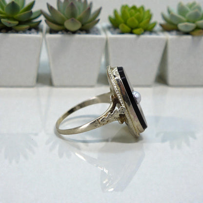 Art Deco Onyx and Pearl Ring in 14k White Gold