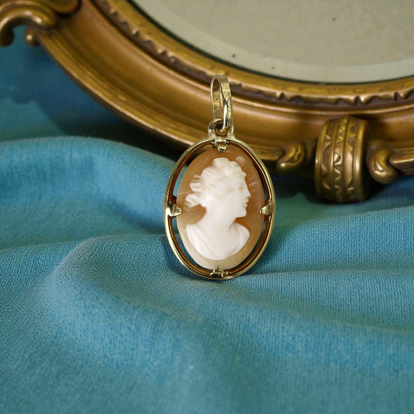 Victorian Shell Cameo Earrings, Ring & Pendant in 18k Yellow Gold