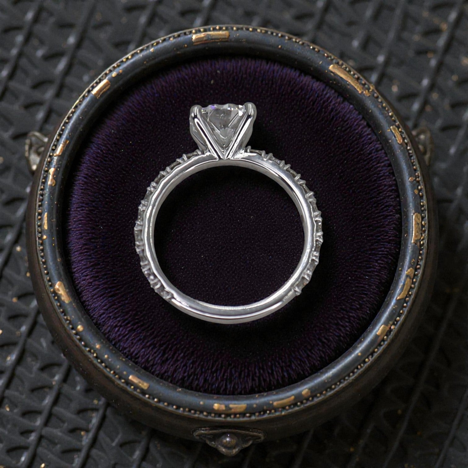 Petra Star shared prong engagement ring remount with a polished silver band and intricate prong setting for a classic look.