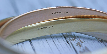 CARTIER 14K Tri-Color Gold Trinity Rolling Bangle Bracelet 7 mm Wide Each Bangle