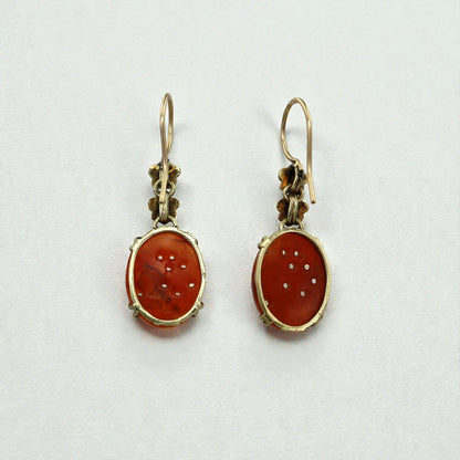 Art Nouveau Carved Carnelian Earrings 14k Yellow Gold - Petra Star