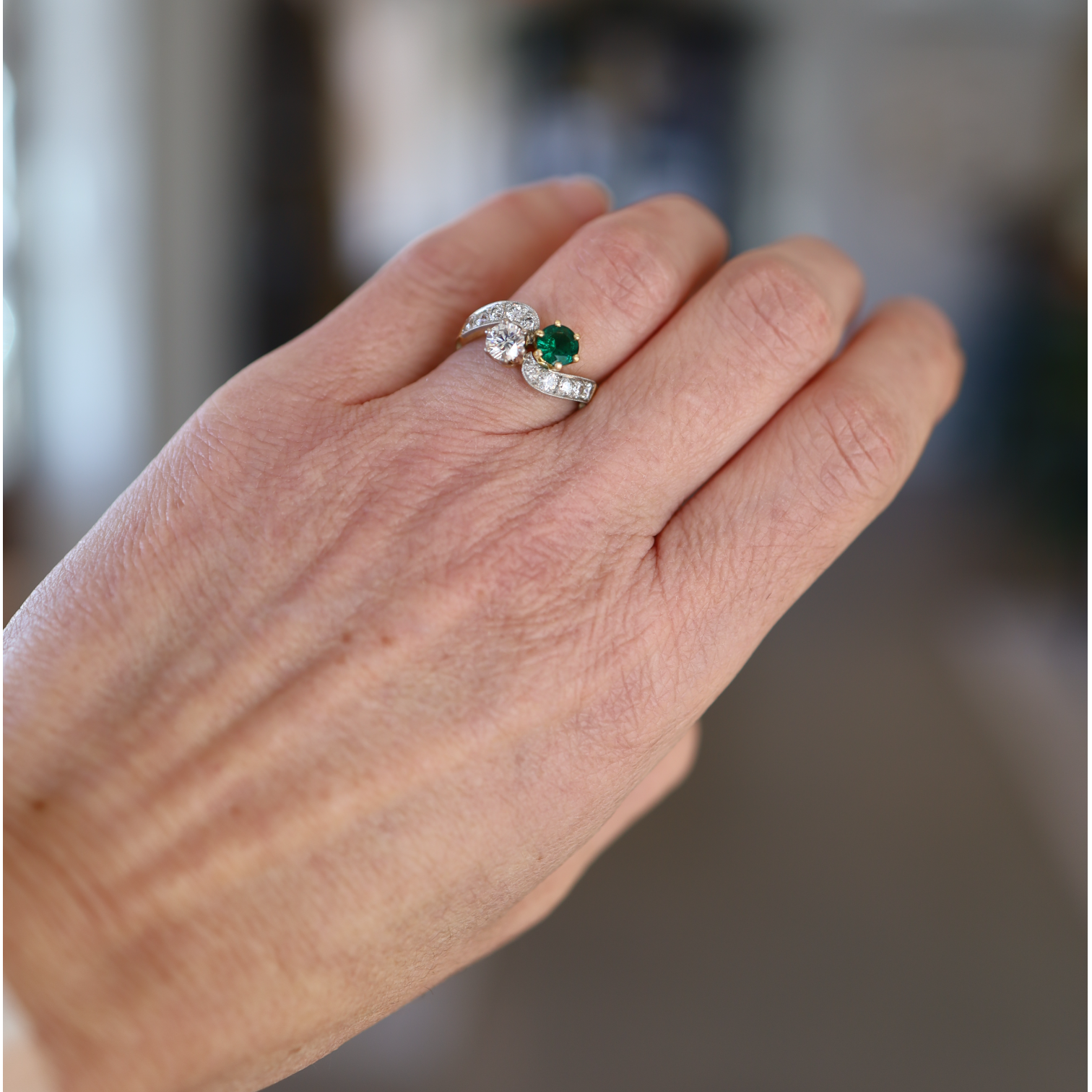 French Emerald Diamond Gold Toi et Moi Engagement Ring - Petra Star