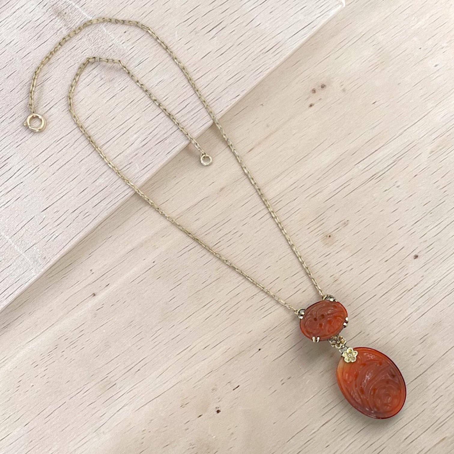 Art Nouveau Carved Carnelian Lavalier Necklace - Petra Star