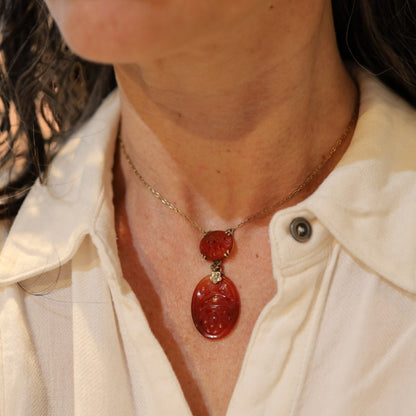 Art Nouveau Carved Carnelian Lavalier Necklace - Petra Star