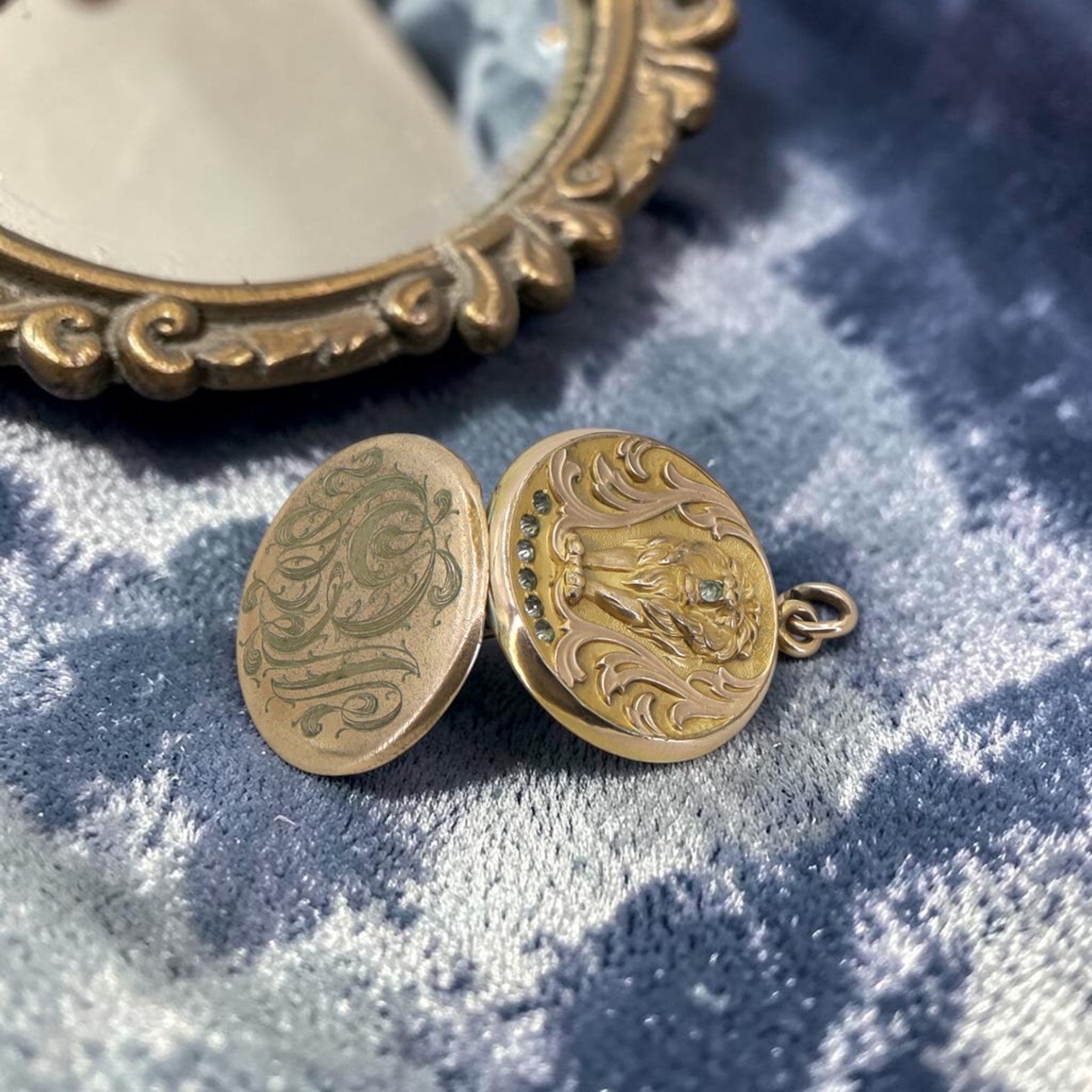 Art Nouveau gold filled lion pendant locket with paste stones, monogrammed NES, circa 1905, vintage jewelry piece