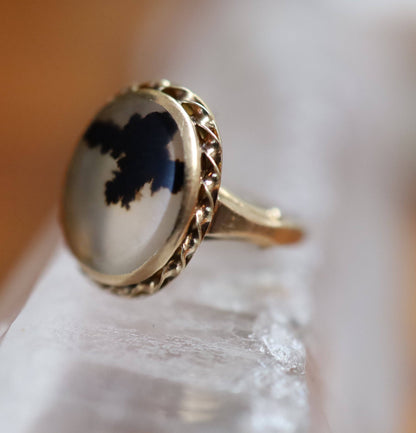 Art Nouveau Dendritic Picture Agate Moss Agate 14k Gold Ring by Ostby & Barton