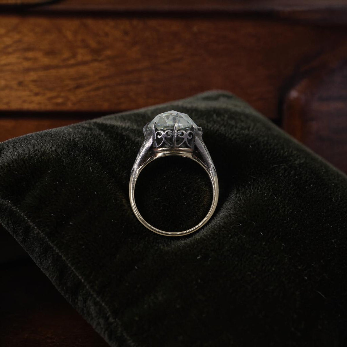 Antique Silver-Topped 14K Gold Ring with 2 Carat Round Rose Cut Moissanite — Pre-1850 Mounting, Size 6