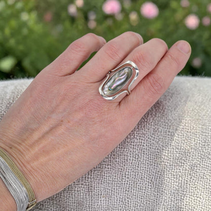 Modernist Sterling Silver Swivel Ring | Black Onyx & Abalone Shell | Rotating Double-Sided | Adjustable Open Shank | Handmade 925
