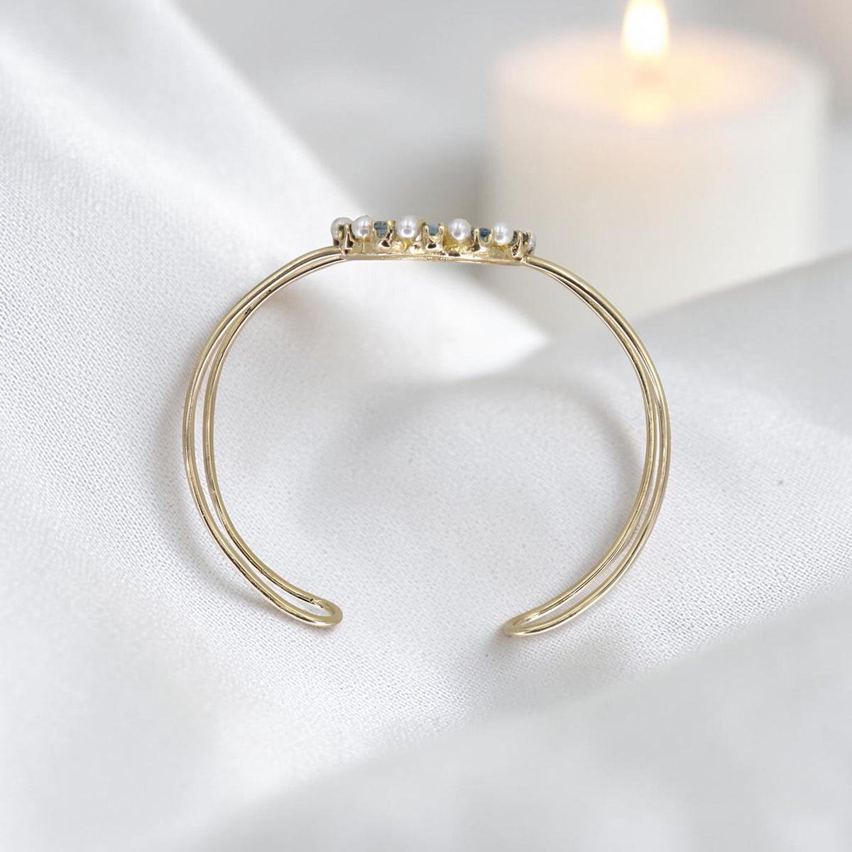Reimagined Estate Brooch Cuff Bracelet — 14K Gold, Pearl & Blue Zircon, Circa 1930s