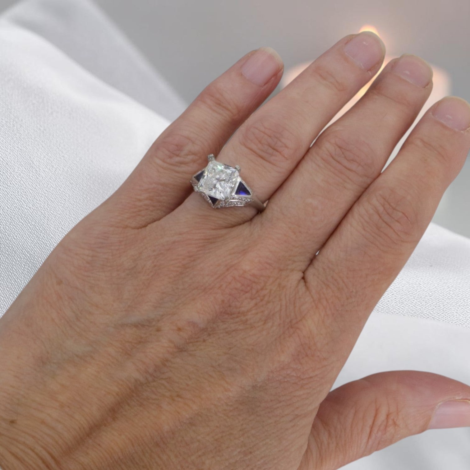 Art Deco Inspired Platinum and Sapphire Vintage Mounting set with 3.09 ct Lab Created Radiant Cut Diamond