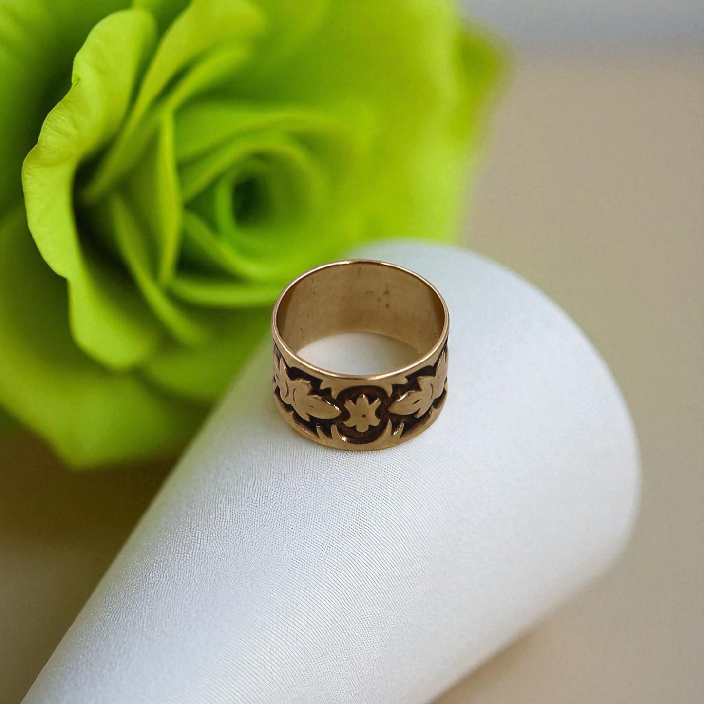 Victorian 10K Pink Gold Cigar Band Ring – Wide Engraved Antique, Size 5.5 - Petra Star