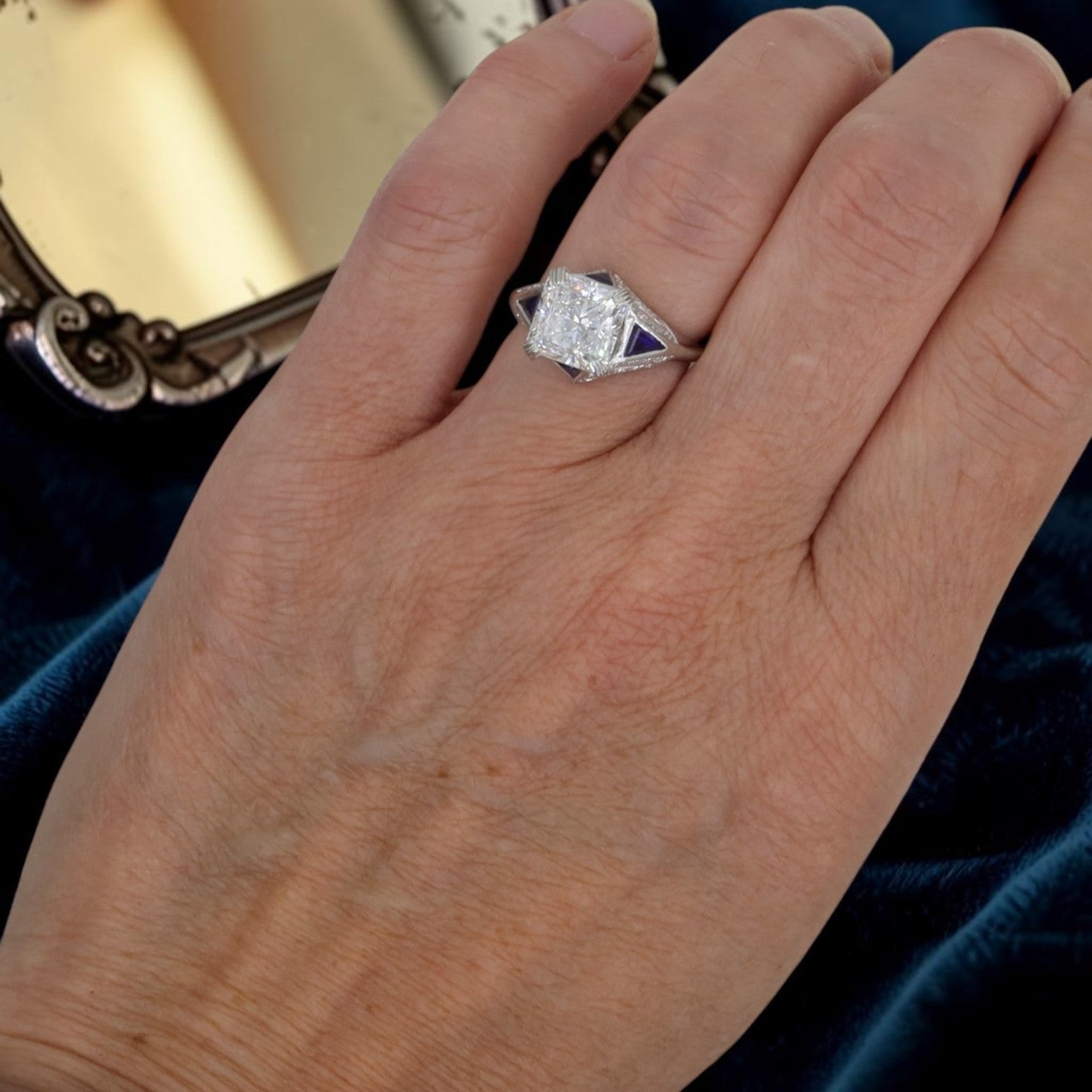 Art Deco platinum engagement ring with sapphire accents and a 3.09 ct lab-created radiant cut diamond vintage mounting set