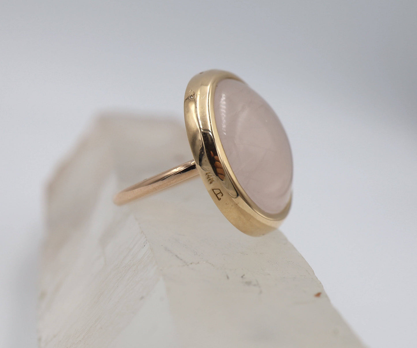 Bubble Gum Pink Rose Quartz Ring in 14k Pink Gold