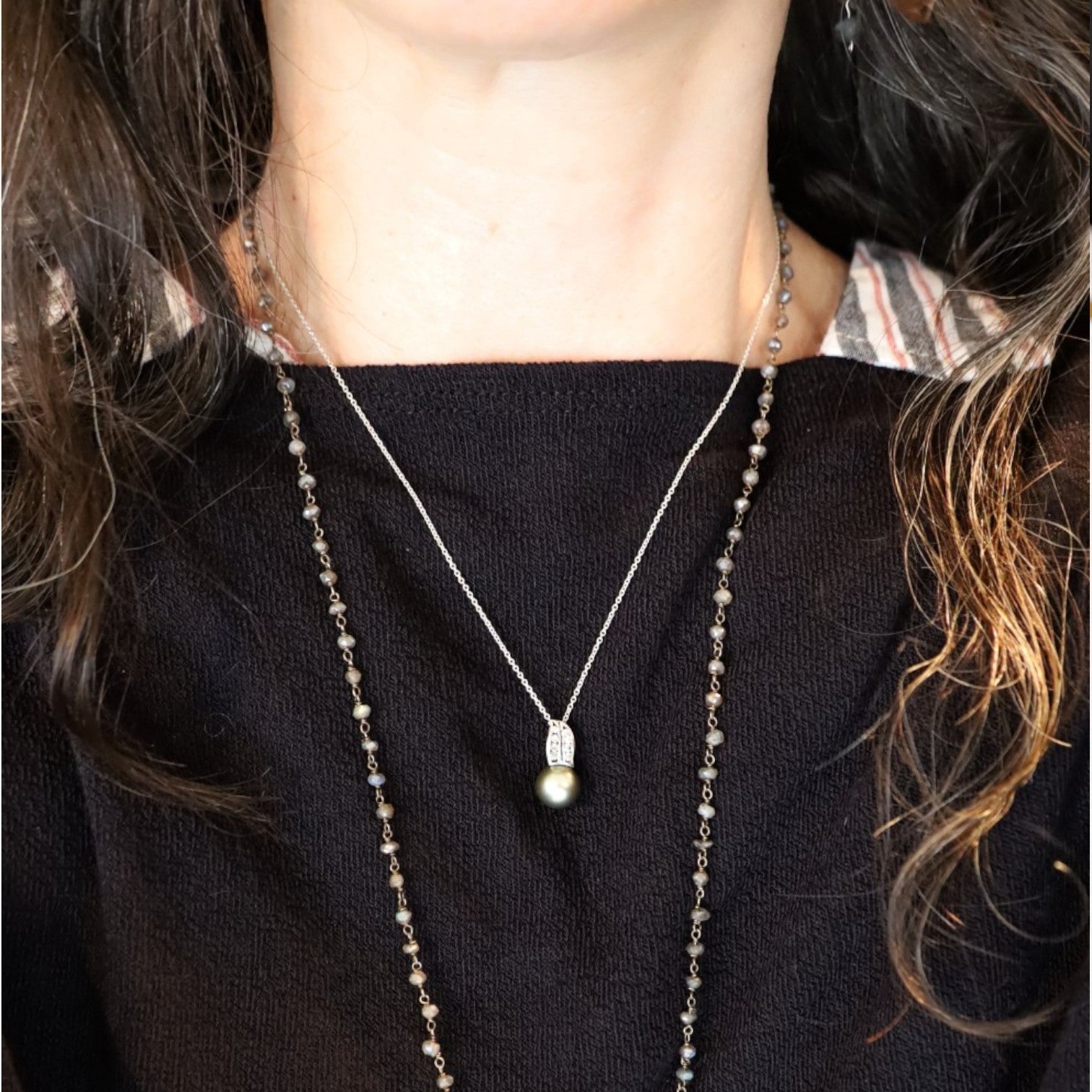 Upcycled Tahitian Pearl and Diamond Pendant Necklace – 14k White Gold Chain with Hidden Bail, Circa Mid-Century - Petra Star