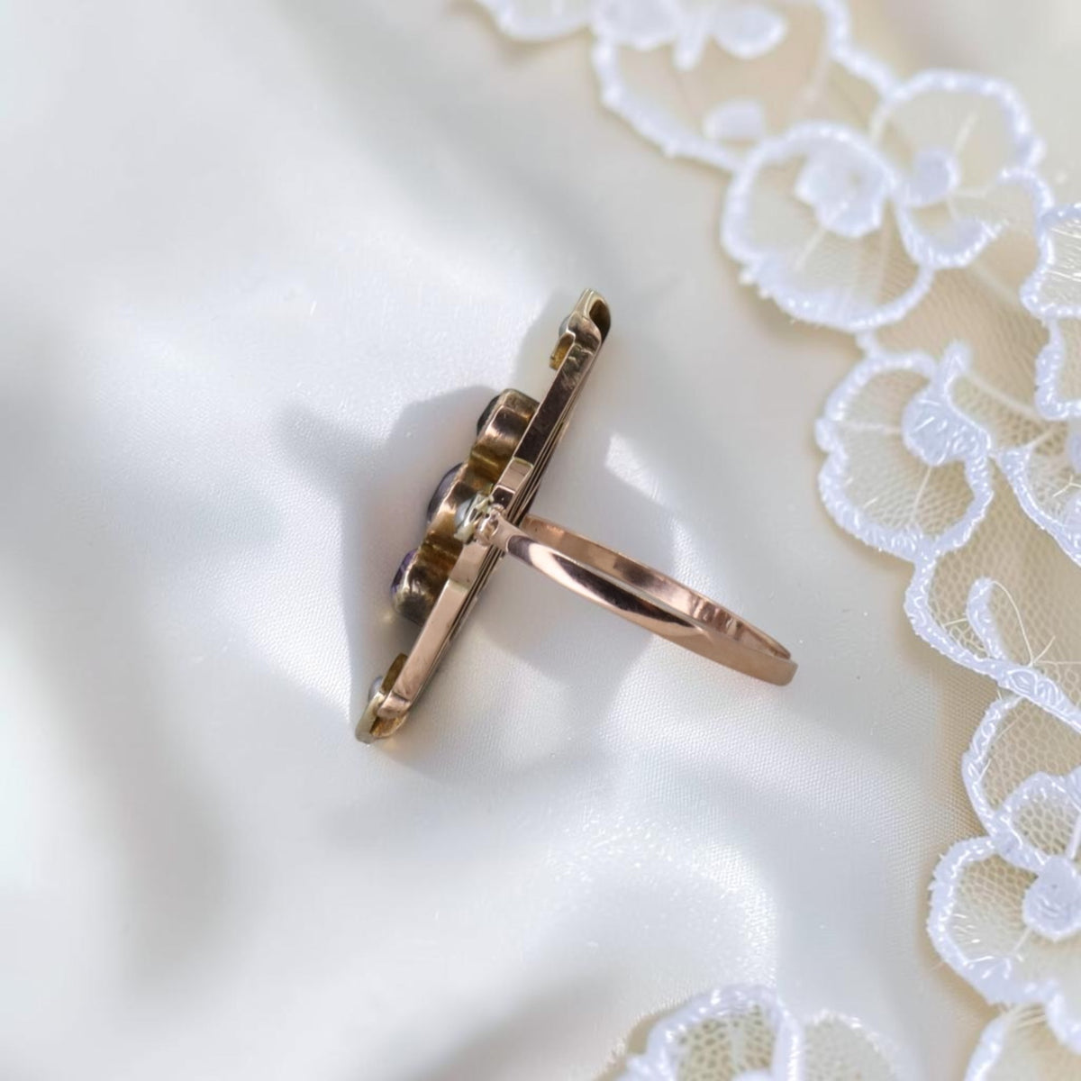 Antique Amethyst & Seed Pearl Navette Ring, Reimagined from a Late Victorian Brooch — 10K Pink Gold, Size 7