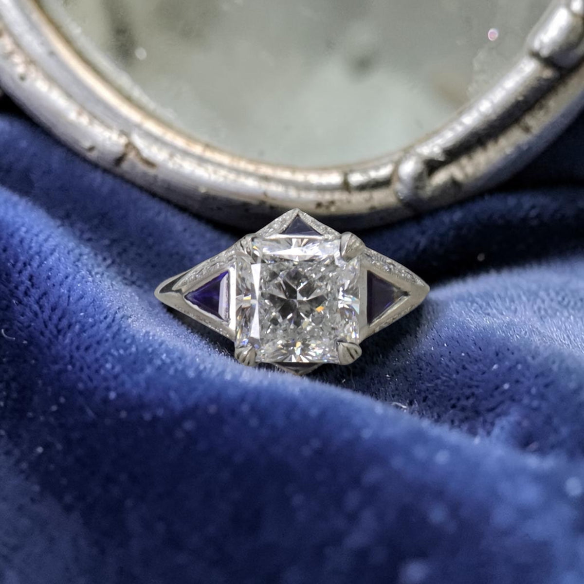 Art Deco Inspired Platinum and Sapphire Vintage Mounting set with 3.09 ct Lab Created Radiant Cut Diamond